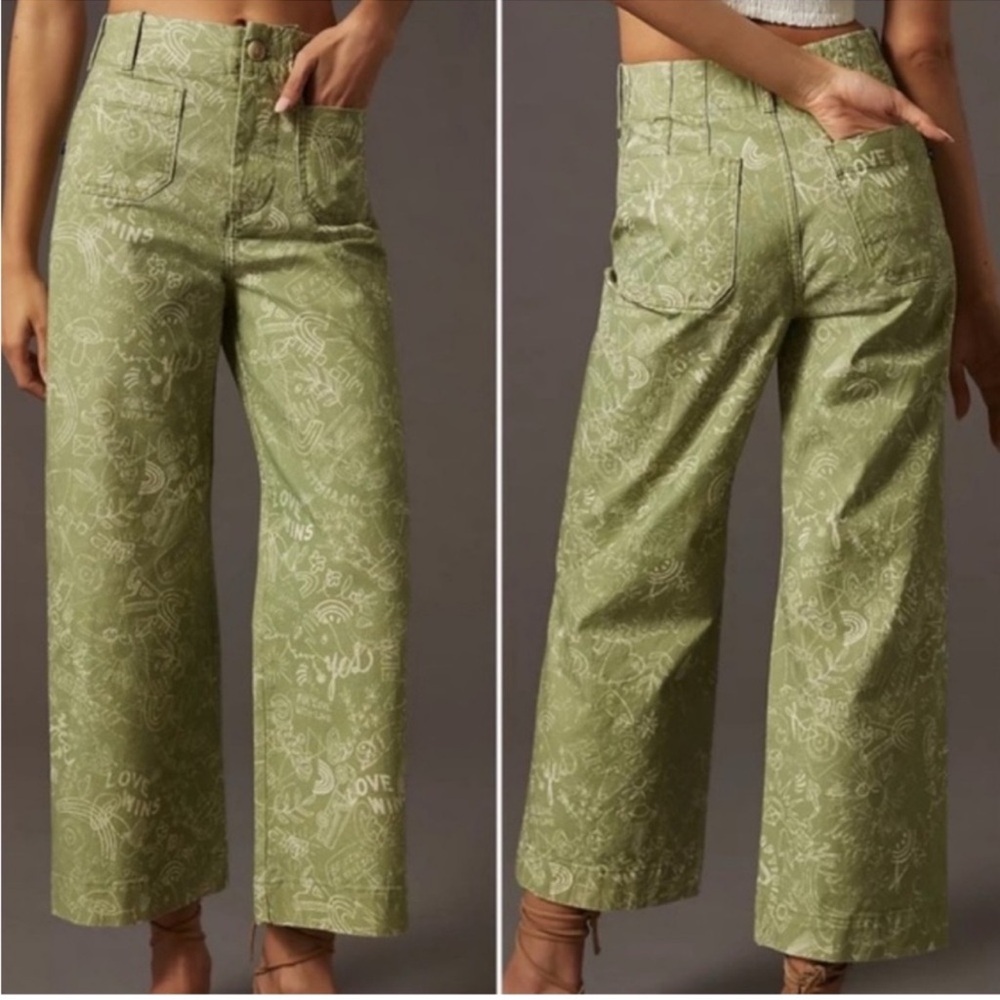 Pilcro Olive Green Wide Leg Pants with White Doodle Print